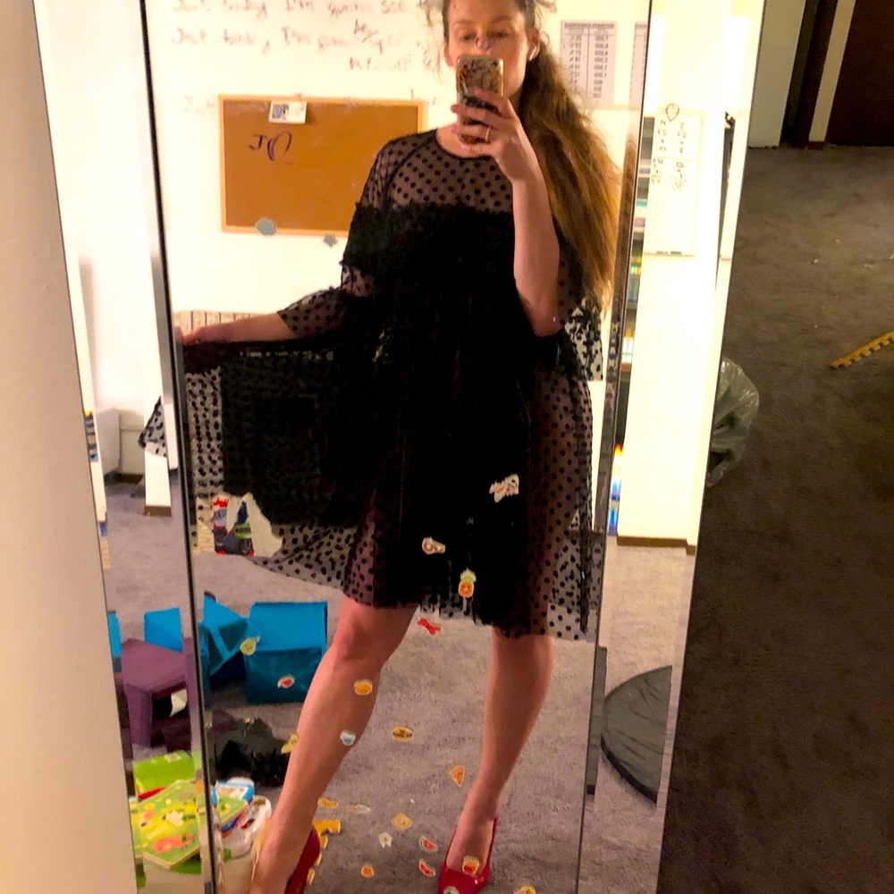 H&M, lace dress, black polka dots.